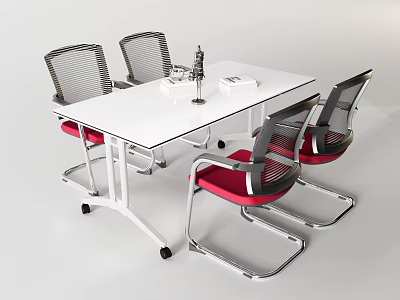 White Conference Table With Four Mesh Back Chairs Red Seats And Metal Legs 3d model