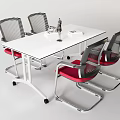 White Conference Table With Four Mesh Back Chairs Red Seats And Metal Legs