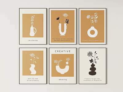Brown And White Minimalist Decorative Posters With Floral Vases And Artistic Designs 3d model