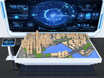 Digital Urban Planning Sand Table With City Models And Blue Holographic Interface 3d model