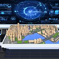 Digital Urban Planning Sand Table With City Models And Blue Holographic Interface