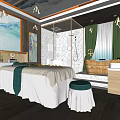 Luxurious SPA Sauna Room with Massage Beds Wooden Bathtub Green Curtains and Wooden Flooring