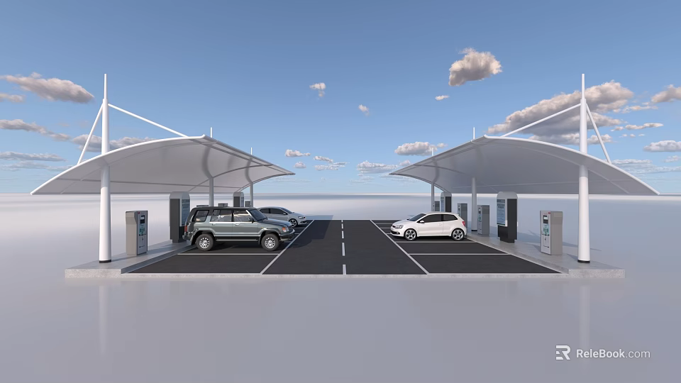 Electric Vehicle Charging Station With Canopy Structures Parked SUV Sedan And Charging Ports 3d model 