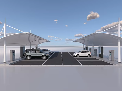 Electric Vehicle Charging Station With Canopy Structures Parked SUV Sedan And Charging Ports 3d model