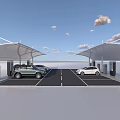 Electric Vehicle Charging Station With Canopy Structures Parked SUV Sedan And Charging Ports