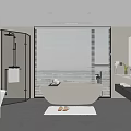 Modern Bathroom Interior With Freestanding Bathtub Shower Washing Machine Blinds And Gray Floor Tiles