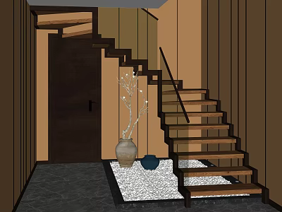 Wooden Stairs With Glass Handrail Decorative Ceramic Vase Blue Container On Gray Floor Wooden Walls 3d model