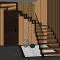Wooden Stairs With Glass Handrail Decorative Ceramic Vase Blue Container On Gray Floor Wooden Walls