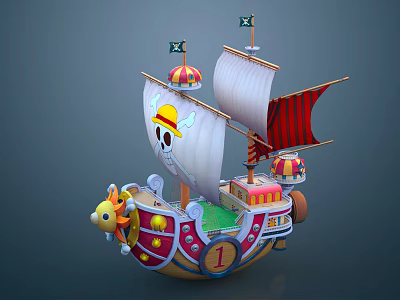 Cartoon Pirate Ship Scene With Skull Logo Colorful Sails And Green Deck 3d model