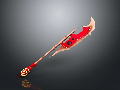 Red and Gold Ornate Weapon With Long Handle Scythe Blade and Gemstone Accents 3d model