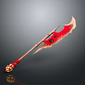 Red and Gold Ornate Weapon With Long Handle Scythe Blade and Gemstone Accents