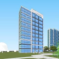 Tall Modern Office Building With Glass Curtain Wall And Front Plaza With Pedestrians