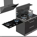 Modern Integrated Kitchen Cooktop Appliance With Gas Stove Range Hood And Pots