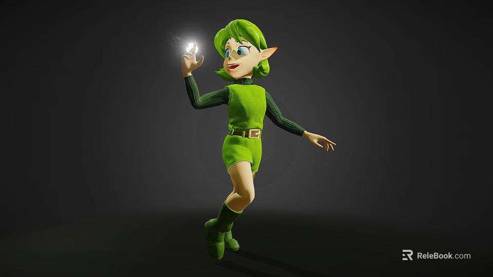 Fantasy Elf Character With Green Hair And Green Outfit Holding Glowing Light 3d model 