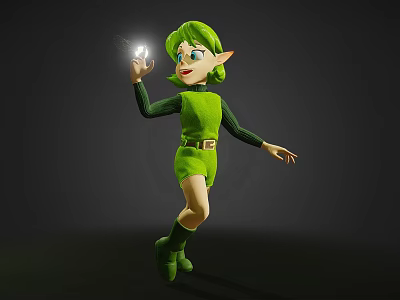 Fantasy Elf Character With Green Hair And Green Outfit Holding Glowing Light 3d model