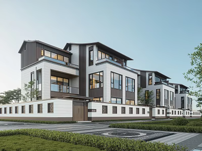 Modern Townhouse Exterior Featuring Multiple Units Large Windows Balconies And Landscaping 3d model