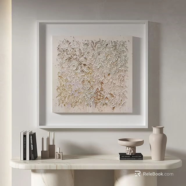 Textured Abstract Painting In Neutral Tones For Living Room Wall Decor With Shelf And Vase 3d model 