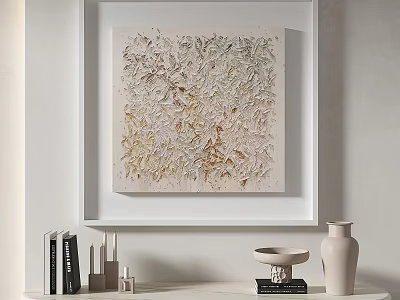 Textured Abstract Painting In Neutral Tones For Living Room Wall Decor With Shelf And Vase 3d model