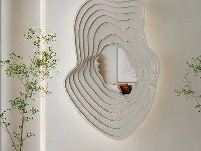 Unique Layered Wavy Mirror Design For Modern Interior Decoration With Green Plants And Light Wall 3d model