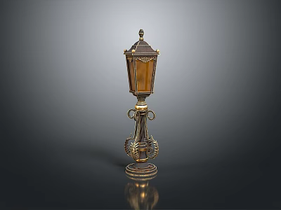 Classical Decorative Lamp Post Featuring Golden Accents Carved Base And Lantern Top 3d model