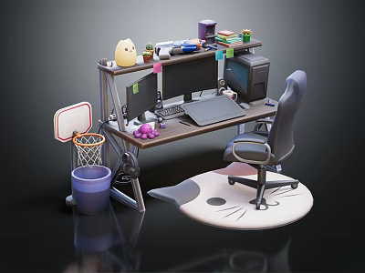 Practical Office Desk Setup With Dual Monitors Ergonomic Chair And Stationery Supplies 3d model