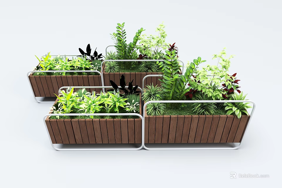 Plant Combinations With Wooden Planters Metal Frames And Various Green Plants 3d model 