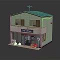 Two Story Small Shop Building With Light Colored Walls Dark Roof And Entrance Bags Buckets