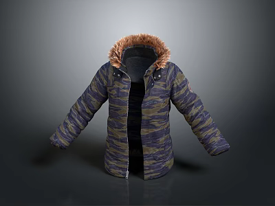 Camouflage Winter Coat with Warm Fur Collar Long Sleeve Design For Cold Weather 3d model