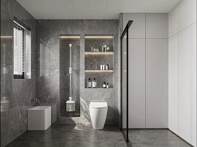 Modern Bathroom Design With Gray Marble Walls White Toilet Vanity Black Glass Shower Recessed Shelves 3d model