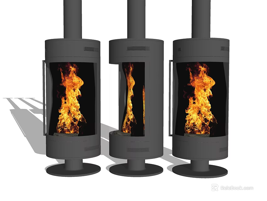 Three Black Modern Cylindrical Freestanding Fireplaces With Bright Burning Flames 3d model 