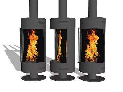 Three Black Modern Cylindrical Freestanding Fireplaces With Bright Burning Flames 3d model