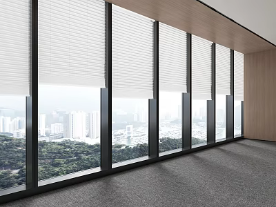 Modern Blinds on Large Windows with City View and Greenery in Spacious Interior 3d model