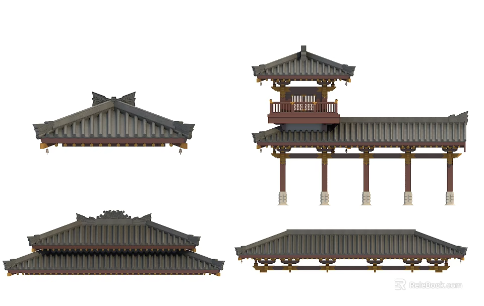 Traditional Chinese Architectural Components With Curved Eaves Wooden Brackets And Tile Roofs 3d model 
