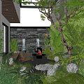 Modern Outdoor Garden Landscape With Lush Greenery Stone Wall Round Light Orbs And Fire Pit