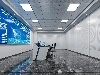 Modern Control Room Interior With Large Blue Display Control Console Bright Lighting And Marble Floor 3d model