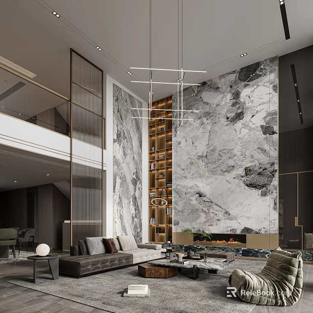 Modern Dining and Living Room Interior Design With Marble Feature Wall Bookshelf Fireplace And Chandelier 3d model 