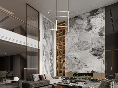 Modern Dining and Living Room Interior Design With Marble Feature Wall Bookshelf Fireplace And Chandelier 3d model