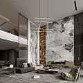 Modern Dining and Living Room Interior Design With Marble Feature Wall Bookshelf Fireplace And Chandelier