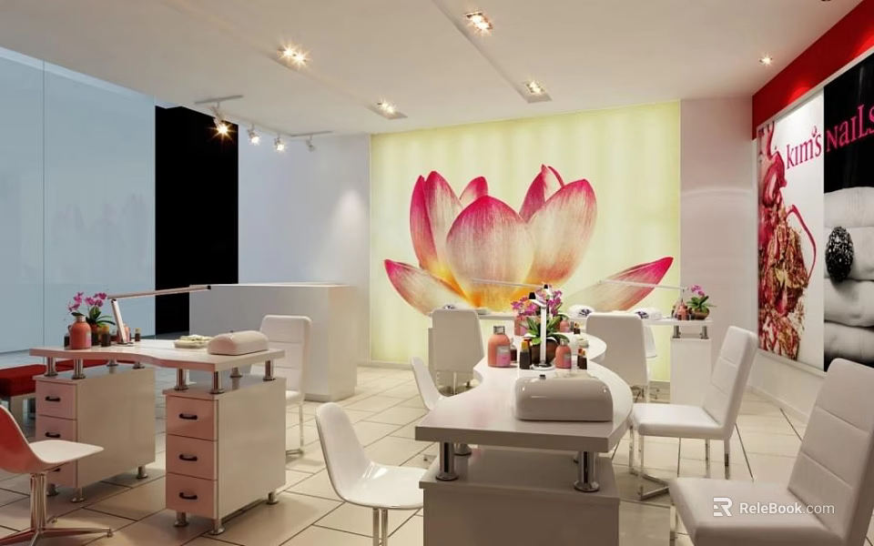 Elegant Modern Beauty Hair Salon Interior With Lotus Mural And Styling Stations 3d model 