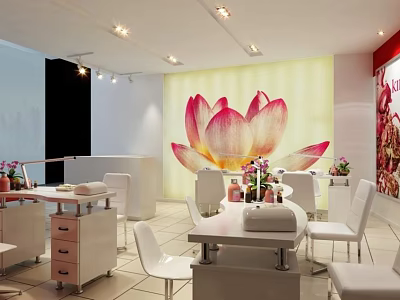 Elegant Modern Beauty Hair Salon Interior With Lotus Mural And Styling Stations 3d model