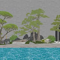 Tranquil Courtyard Garden With Tall Pine Trees Decorative Stones Lush Lawn And Calm Water Surface