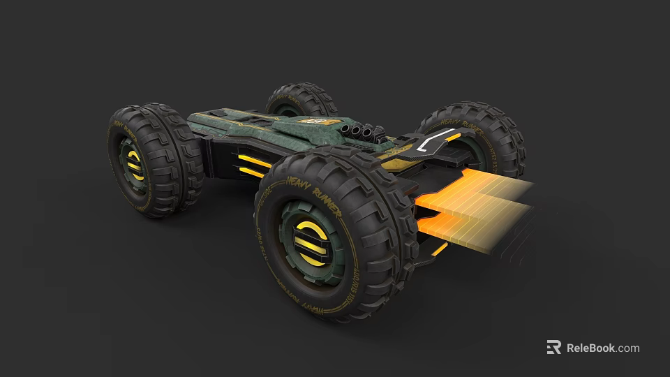 Futuristic Off Road Vehicle With Large Tires Green Black Body And Yellow Accents 3d model 