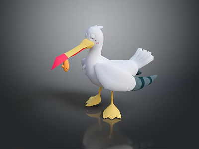 3D Seagull with White Body Yellow Beak Red Object in Mouth Yellow Feet Blue Wings 3d model