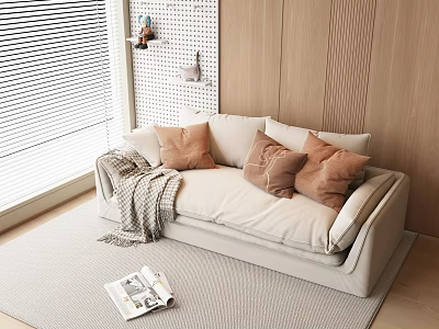 Beige Two Seater Sofa Interior With Brown Cushions Gray Blanket Wooden Wall and Blinds 3d model