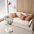Beige Two Seater Sofa Interior With Brown Cushions Gray Blanket Wooden Wall and Blinds
