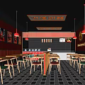 Red Themed Shopping Mall Restaurant With Decorative Paintings Neon Signs Tables Chairs And Checkerboard Floor
