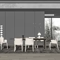 Modern Restaurant Interior With Dark Wall Large Window Rectangular Table Light Grey Chairs And Vase 3d model