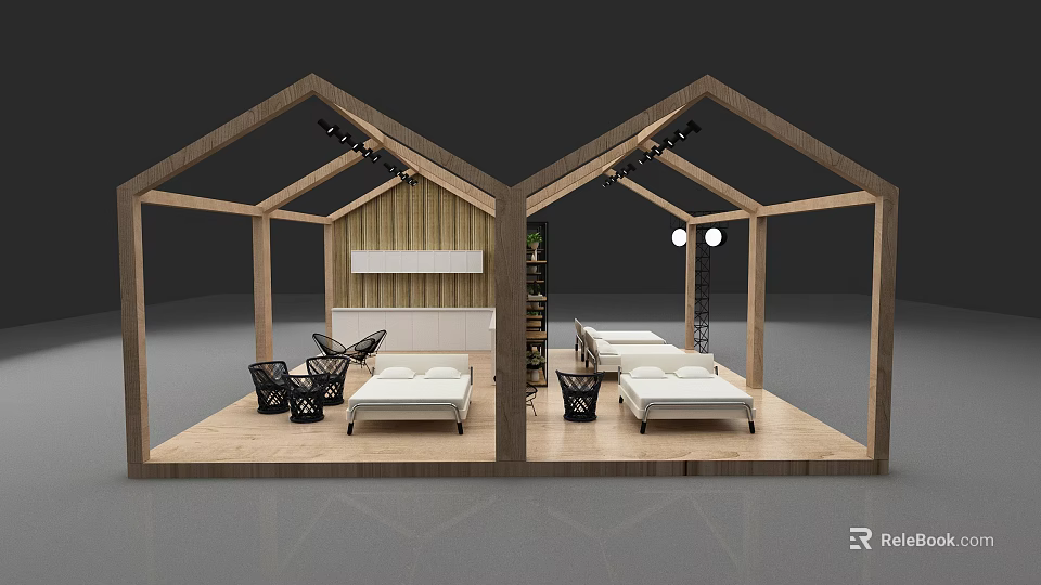 Modern Tobacco and Liquor Store Space With Wooden Frame Gabled Roof Sofas Chairs And Bookshelves 3d model 