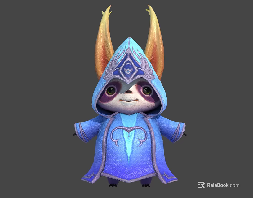 Cute Fantasy Creature Character In Hooded Blue Cloak With Yellow Horns And Purple Patterns 3d model 