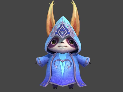 Cute Fantasy Creature Character In Hooded Blue Cloak With Yellow Horns And Purple Patterns 3d model